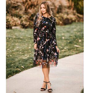 JessaKae Women's Small Black Blue Dress Embroidered Floral Tulle Overlay